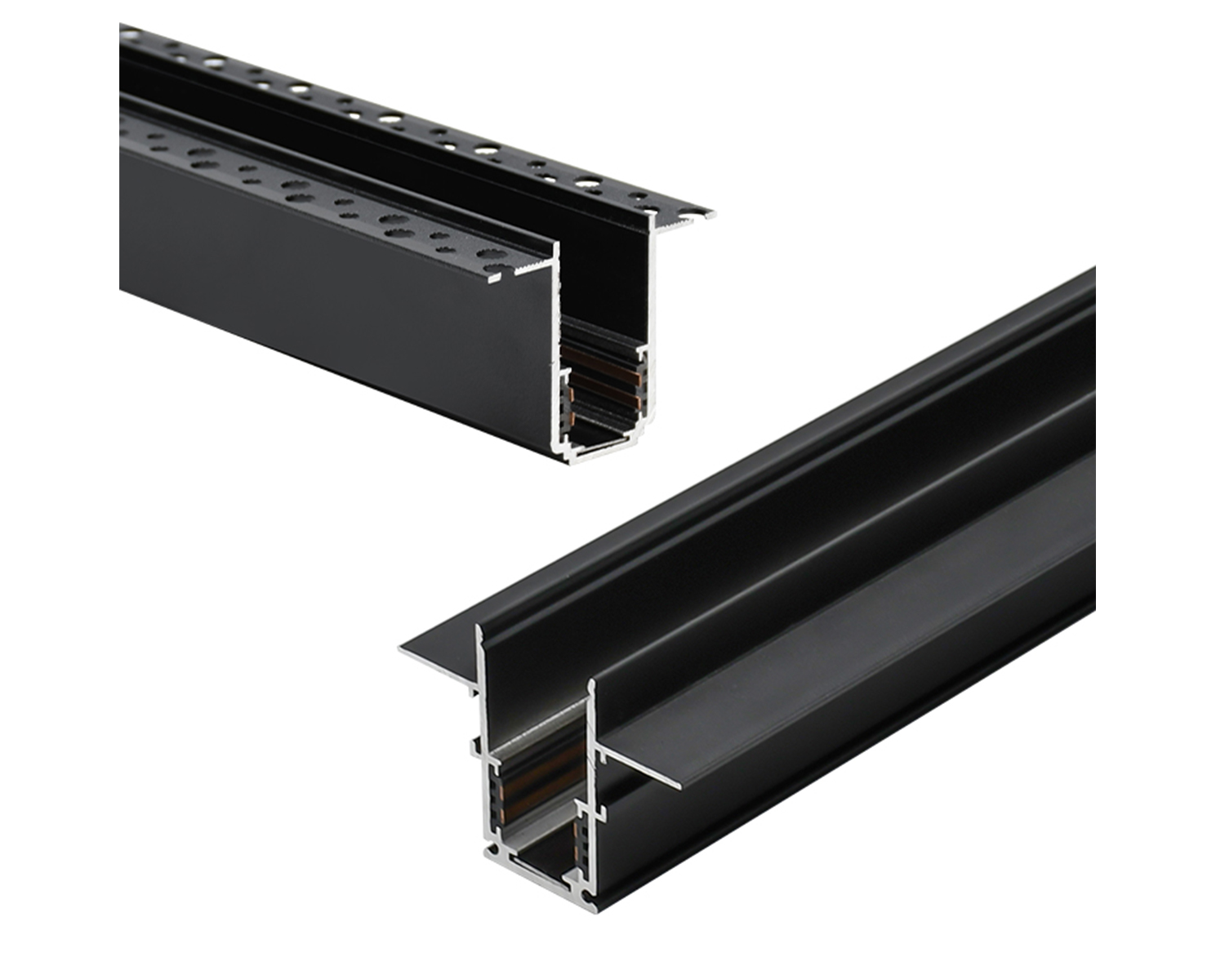 Two black recessed magnetic track profiles with flanges for setting into a ceiling