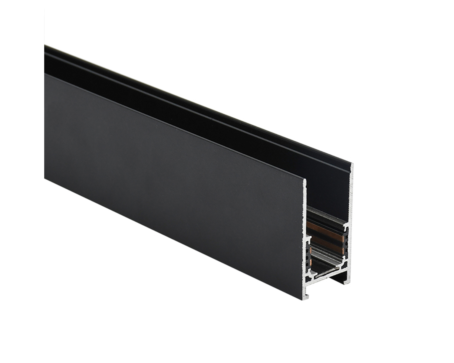 Black surface-mount magnetic track profile, cut end showing the conductor strips inside the slot