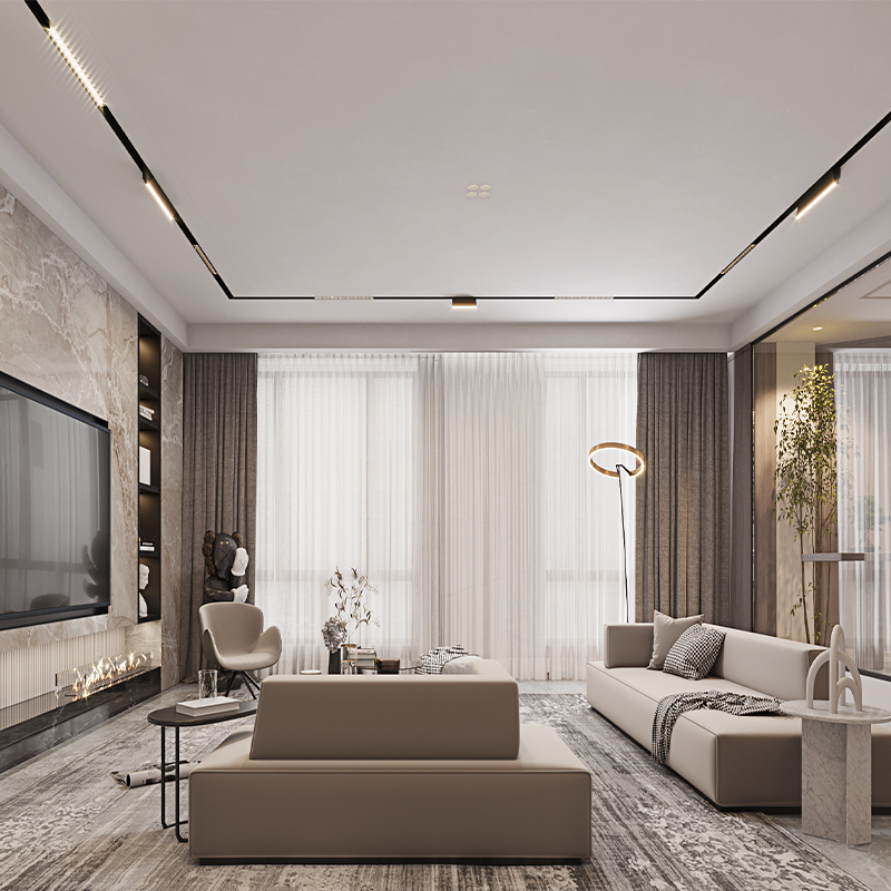 Recessed magnetic track outlining a lounge ceiling