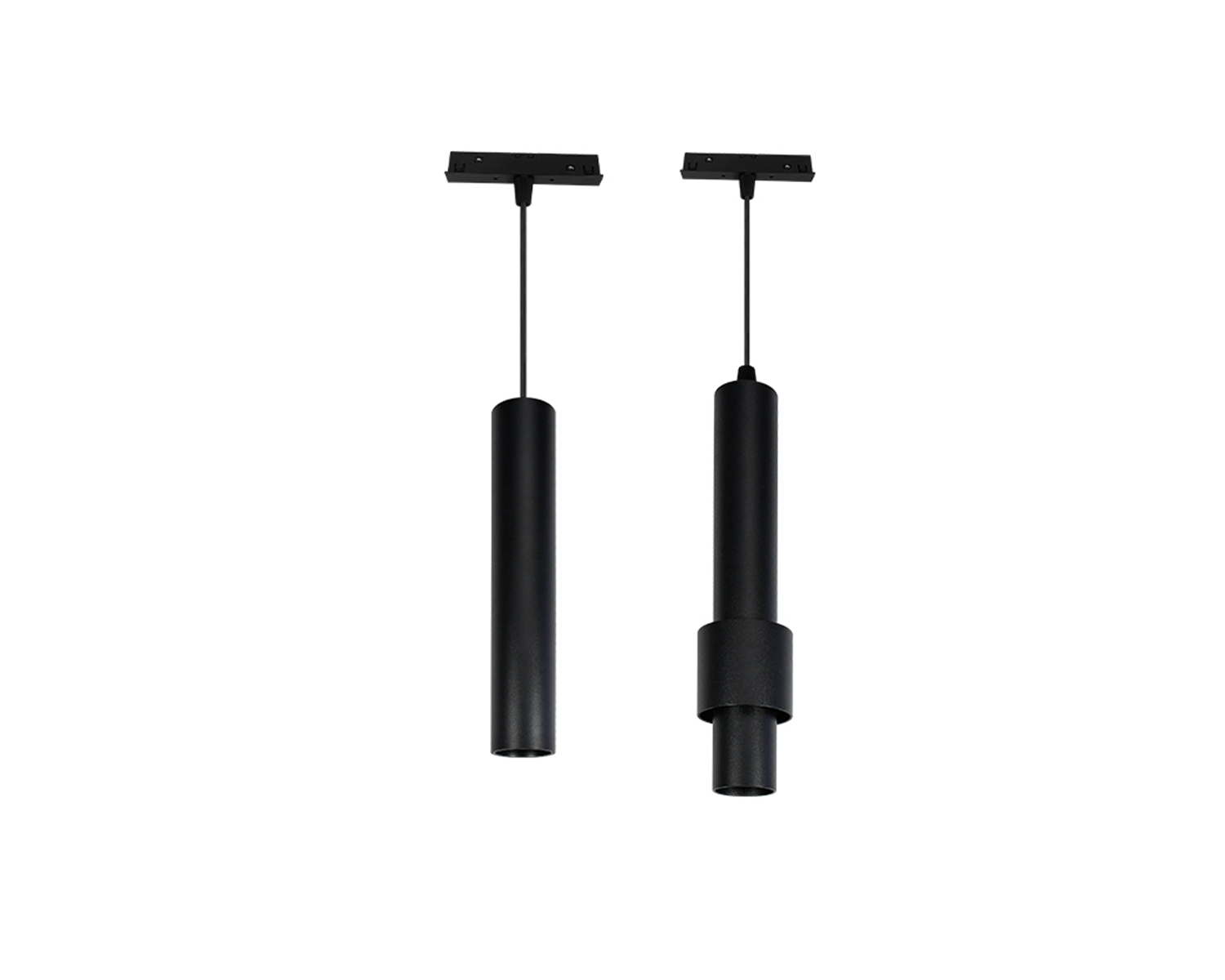 Two black cylinder pendant heads hung from magnetic track adaptors