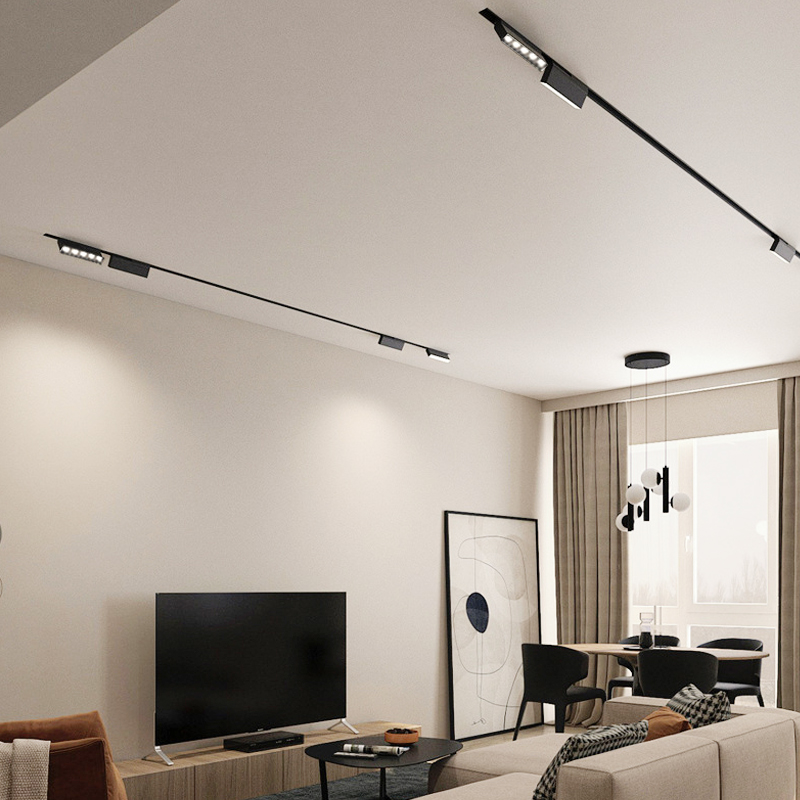 Surface magnetic track with grille heads across a living-room ceiling