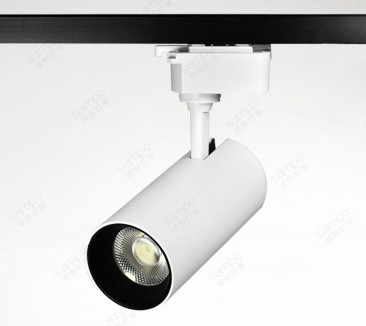 White COB track spotlight with a black reflector, on a rail adaptor